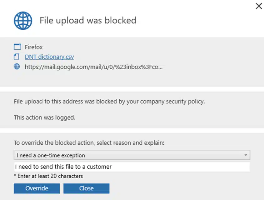 Safetica Bloqueio de Upload de arquivo confidencial